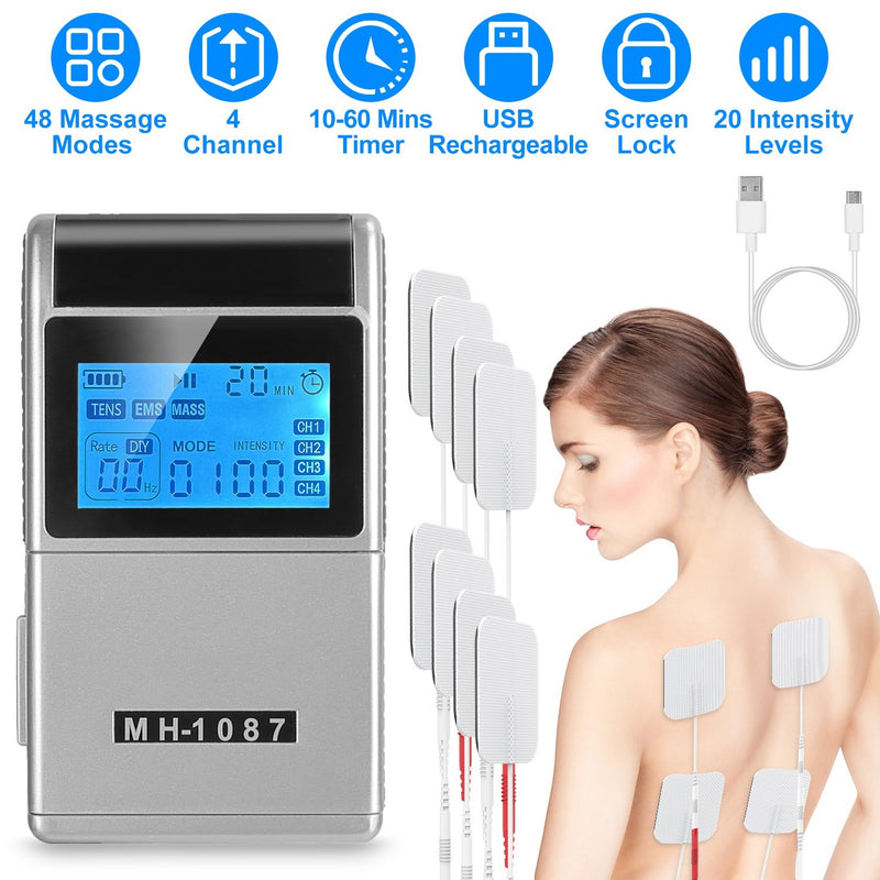 4 Channel TENS Unit Muscle Stimulator with 8 Pads | Rechargeable EMS Pain Relief Device