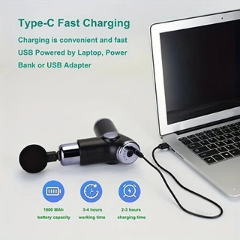Type-C Fast Charging Massage Gun | Deep Tissue Muscle Massager with 6 Speed Levels & Attachments