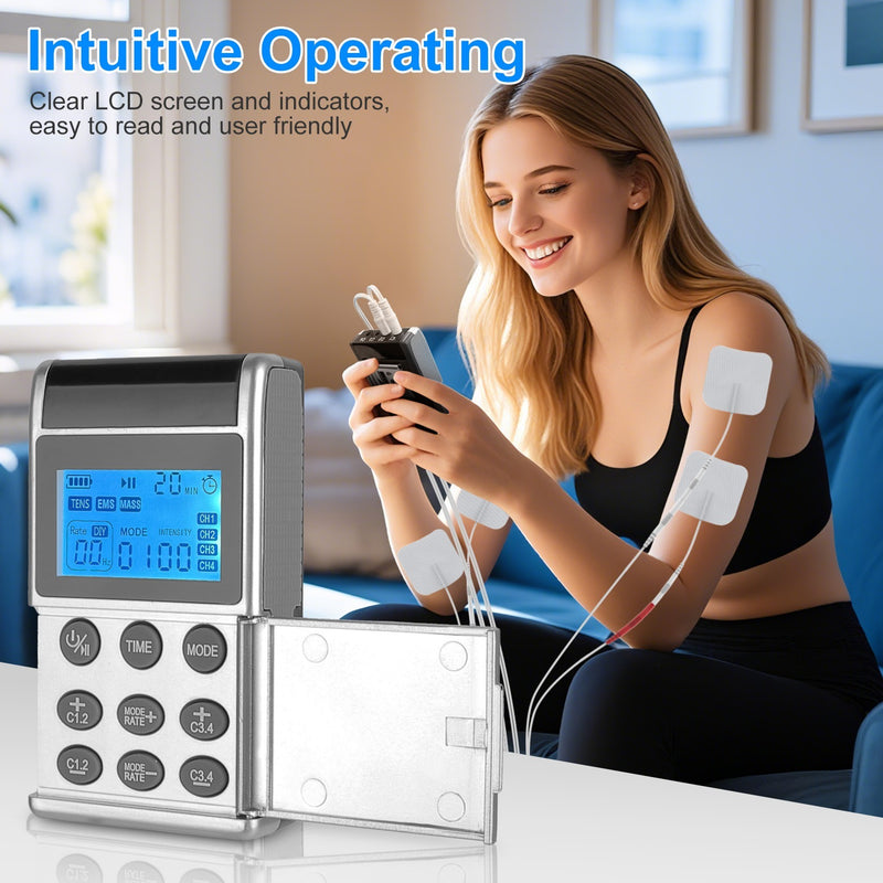 4 Channel TENS Unit Muscle Stimulator with 8 Pads | Rechargeable EMS Pain Relief Device