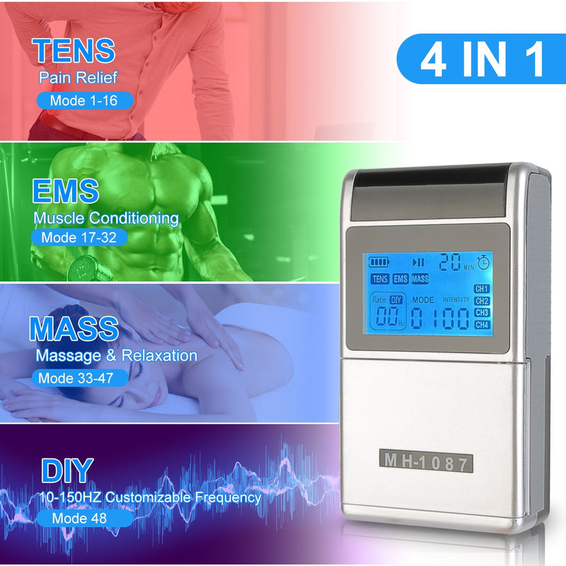 4 Channel TENS Unit Muscle Stimulator with 8 Pads | Rechargeable EMS Pain Relief Device