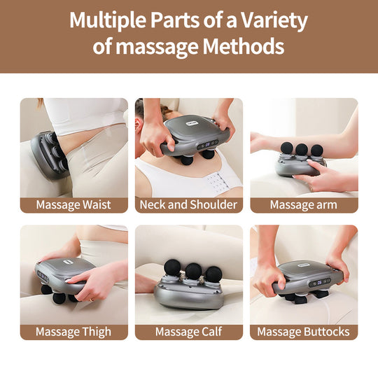 Handheld Deep Tissue Massage Gun | 6-Head Percussion Massager with Dual Heating Modes & Adjustable Intensity.