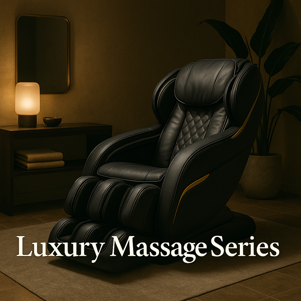 Premium leather massage chair in a warm, upscale setting.