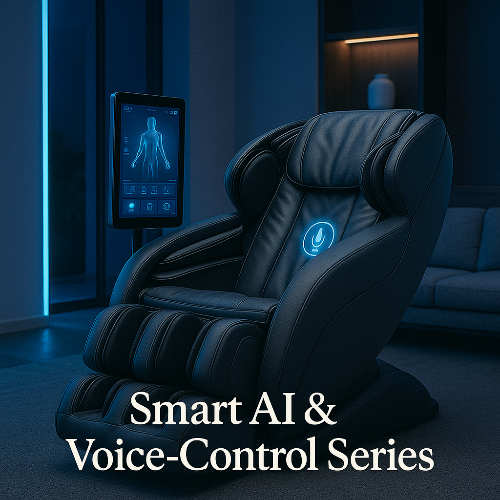 Smart massage chair with app and voice control in a modern room.