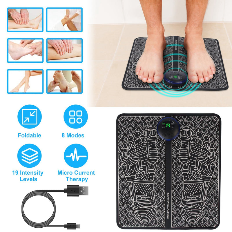 Foot Massage Pad | EMS Electric Stimulator with 8 Modes & 19 Intensity Levels | Portable Muscle Relaxation Mat with Remote Control
